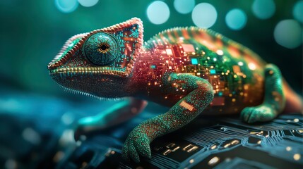 Fototapeta premium A chameleon with a futuristic, digital look, sitting on a circuit board.
