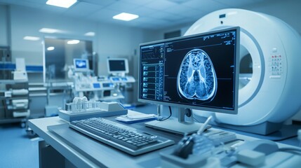Advanced medical diagnostics workstation featuring enhanced MRI or CT scan technology, set in a sterile hospital laboratory environment, showcasing modern healthcare innovation.