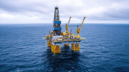 Aerial view of oil rig in ocean, showcasing its structure and equipment