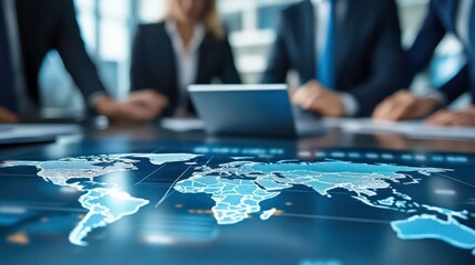 A group of business professionals working on a table with a world map hologram overlay.