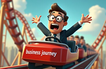 funny cartoon businessman or entrepreneur riding roller coaster, symbolizing exciting business journey. humorous illustration of risk, stress, dynamic challenges in corporate or entrepreneurial life