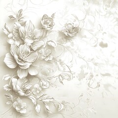 A delicate floral design featuring intricate white flowers and swirling vines on a soft background.