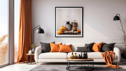 Modern minimalist vertical wall art mockup with sofa for Halloween, blank frame for vertical wall art living room mockup, Halloween spooky scary vibes of the room interior