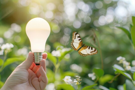 Main tenant une ampoule LED classe A basse consommation avec un fond nature en arri&egrave;re plan et un papillon