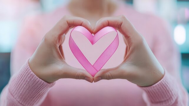 A person forms a heart shape with their hands, showcasing a pink heart symbol inside, conveying love and affection.