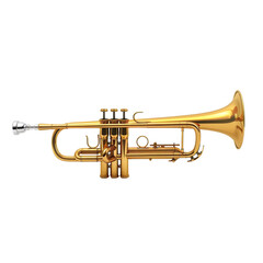 Fototapeta premium Shiny brass trumpet resting on a white surface, showcasing its elegant design and intricate valve mechanism in a well-lit environment