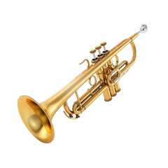 Naklejka premium A polished brass trumpet resting on a white surface, showcasing its intricate valves and design details under bright lighting