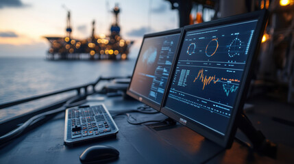 Monitoring station on oil platform with data displays and sunset view