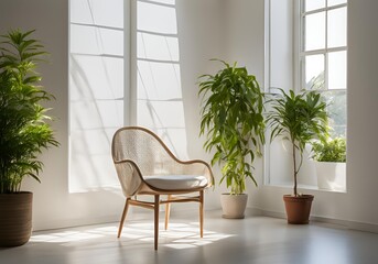 White chair sits in front of a window with a potted plant