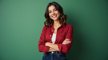 Smiling brown haired woman with crossed arm wearing red shirt on green background