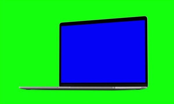4K Video. Laptop (Notebook) Turning On With blue Screen On A Green Background.