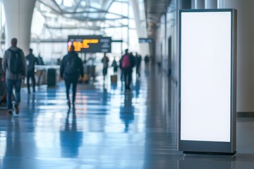 Fototapeta premium Blank vertical sign board in a busy modern airport terminal