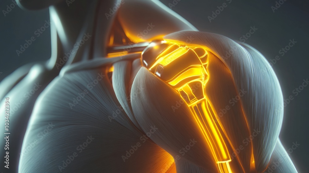 Poster a close-up look at the shoulder joint reveals illuminated muscles and skeletal structure, emphasizin