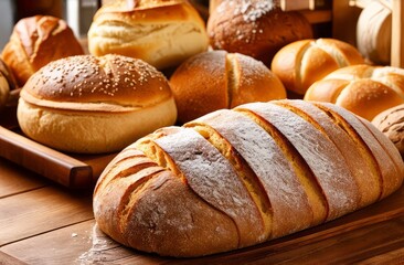 Naklejka premium Different types of bread are lying on a wooden table