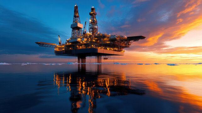 Oil platform floating in arctic waters at sunset, reflecting on calm sea