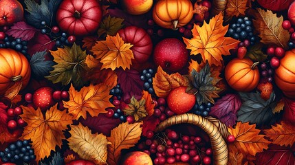 Playful cornucopias filled with colorful mini pumpkins, apples, and berries, surrounded by vibrant autumn leaves, soft lighting, and cozy fall colors, seamless pattern with a fun Thanksgiving theme.