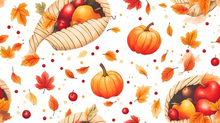 Playful cornucopias overflowing with cute mini pumpkins, apples, and bright berries, scattered autumn leaves in the background, cozy lighting and soft shadows,