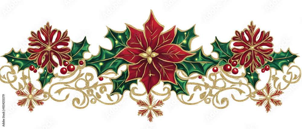 Wall mural A decorative Christmas design featuring poinsettias, holly, and festive elements.