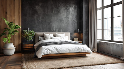 A transitional bedroom with a dark, textured accent wall behind a plush upholstered headboard in light gray.