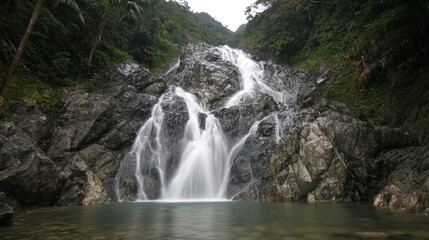 Obraz premium A cascading waterfall flows over a rocky cliff into a clear pool.