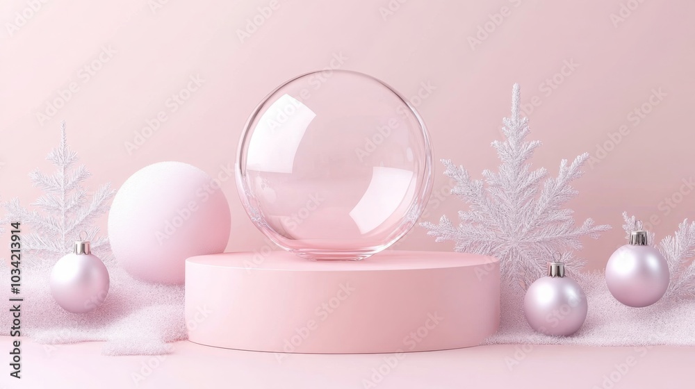 Poster a large, clear glass sphere rests on top of a pink, circular platform. the platform sits on a light 
