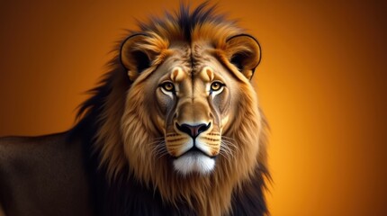 Fototapeta premium A close-up portrait of a male lion showcases its majestic features, with a flowing mane that radiates a golden hue.