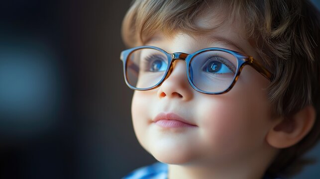 Face of a cute little brunette boy in glasses for vision. Close-up.
