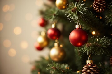 Festive christmas tree with red and gold ornaments and pine cones for holiday decor.