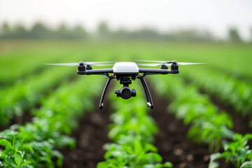 Drone flying over green crop fields.