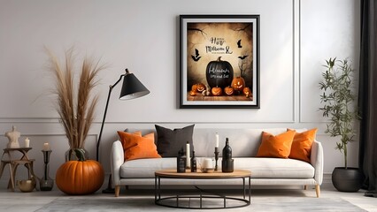 Modern minimalist vertical wall art mockup with sofa for Halloween, blank frame for vertical wall art living room mockup, Halloween spooky scary vibes of the room interior