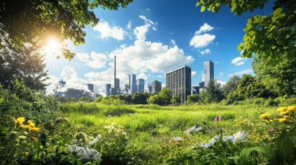Green meadow with flowers in front of a city skyline under a blue sky with clouds and sunlight.