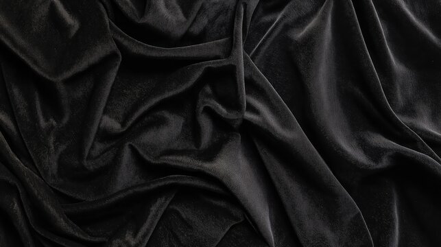 Black velor, velour fabric background. Black velvet fabric with folds background.
