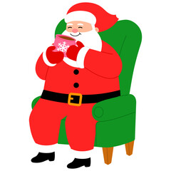 cute chubby santa claus is enjoy hot cocoa while sitting a green chair illustration