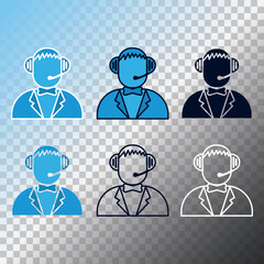 Assistant or operator, call center. The icon of a man in a tuxedo, headphones with a microphone. Blue, black and white colors.