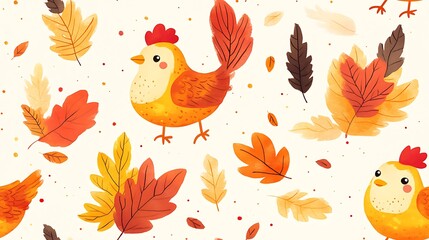 Obraz premium Playful mini turkey legs with cute faces, surrounded by colorful autumn leaves falling gently, soft sunlight filtering through,