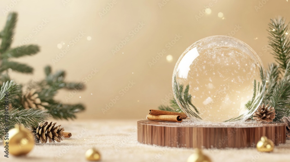 Aufkleber a snow globe sits on a wooden stand surrounded by snow and evergreen branches. there are gold orname