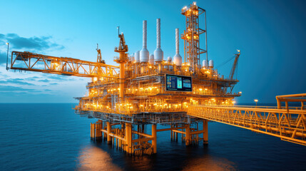 Fototapeta premium Oil rig platform with advanced monitoring systems at sunset, showcasing technology and industry