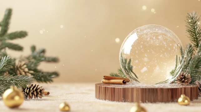 A snow globe sits on a wooden stand surrounded by snow and evergreen branches. There are gold ornaments and cinnamon sticks on the table. The snow globe is clear and filled with snow.
