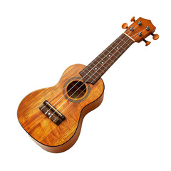 Fototapeta premium A beautifully crafted wooden ukulele leaning against a white wall showcasing its natural finish and intricate design details