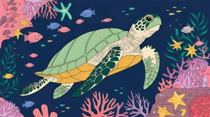 Sea turtle swimming among corals, underwater, marine life concept.