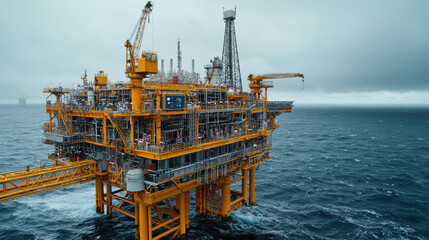 Oil rig platform with monitoring systems in stormy sea