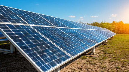 Solar panels in field under clear blue sky, capturing sunlight efficiently