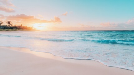 A serene sunrise over a sandy beach with gentle waves lapping at the shore.