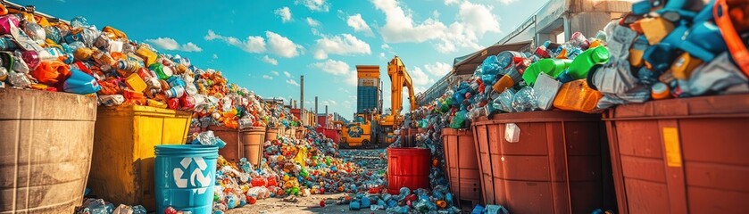 Recyclable waste piled high, awaiting processing.