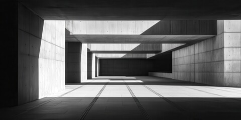 Fototapeta premium Black and white photo of geometric, minimalist architecture with strong linear patterns and dynamic shadows on concrete structures.