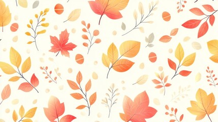 Seamless autumn pattern with colorful leaves and branches on white background.