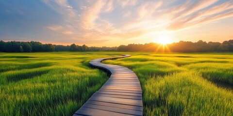 Fototapeta premium Wooden Path Through Green Field at Sunset