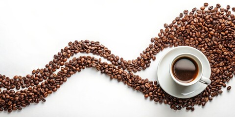 Naklejka premium A cup of coffee with a swirling path of roasted beans on a white surface