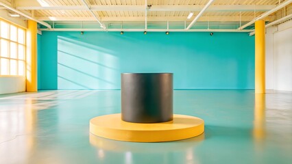 Obraz premium A sleek black cylinder pedestal on a smooth concrete floor, perfect for modern and minimalist design displays