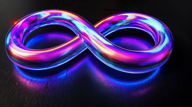 Neon infinity symbol glowing on dark background